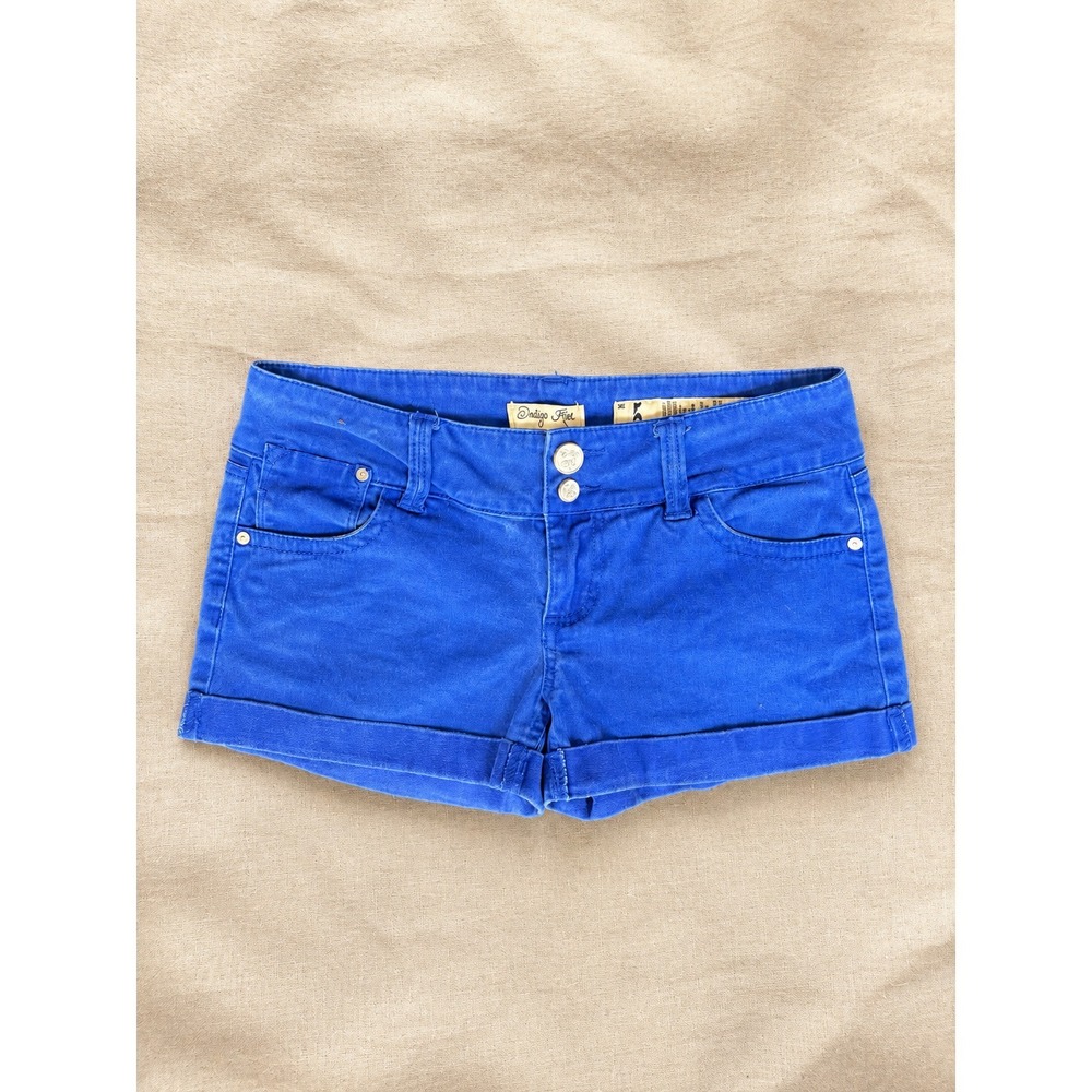 Vntg Indigo Rein Y2K Coquette Cobalt Blue Denim Shorts Stretch Cuffed Low Rise